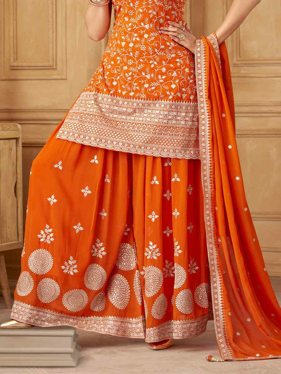 Orange Georgette Embroidered Festival Casual Ready Palazzo Pant Salwar Kameez