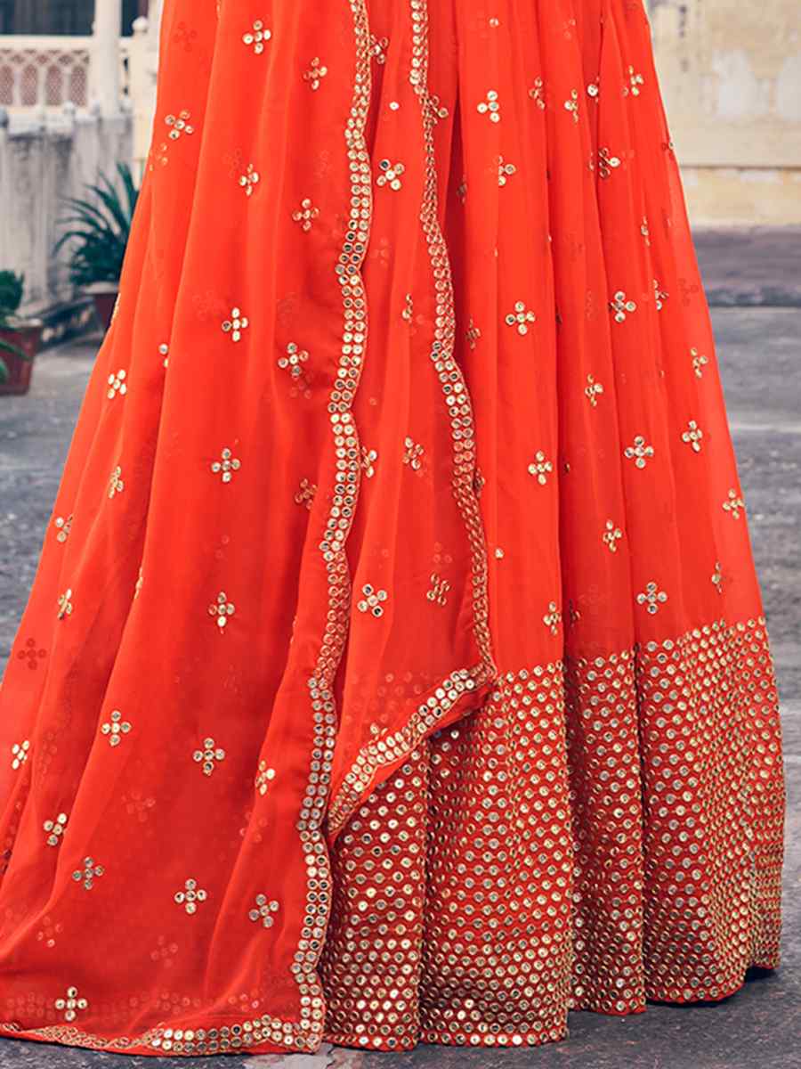 Orange Georgette Embroidered Reception Wedding Heavy Border Lehenga Choli