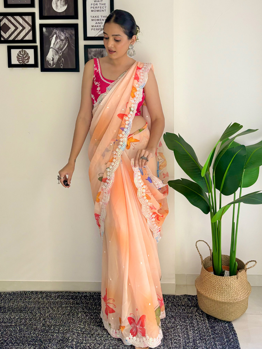 Orange Georgette Handwoven Festival Wedding Classic Style Saree