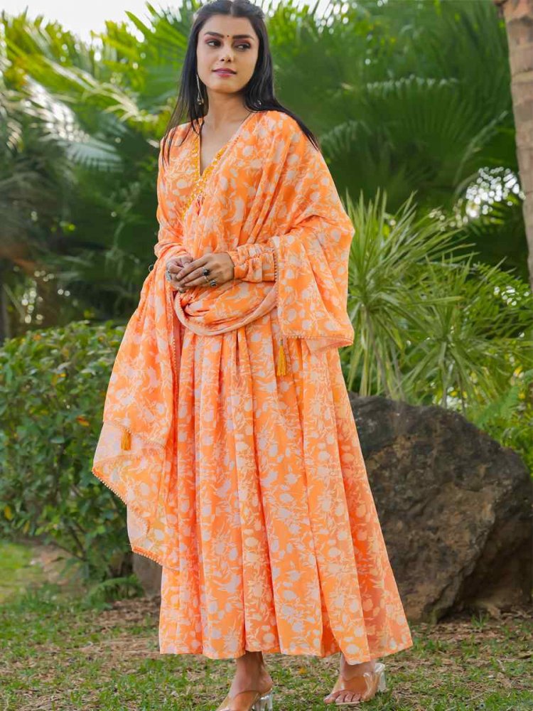 Orange Georgette Printed Festival Casual Gown