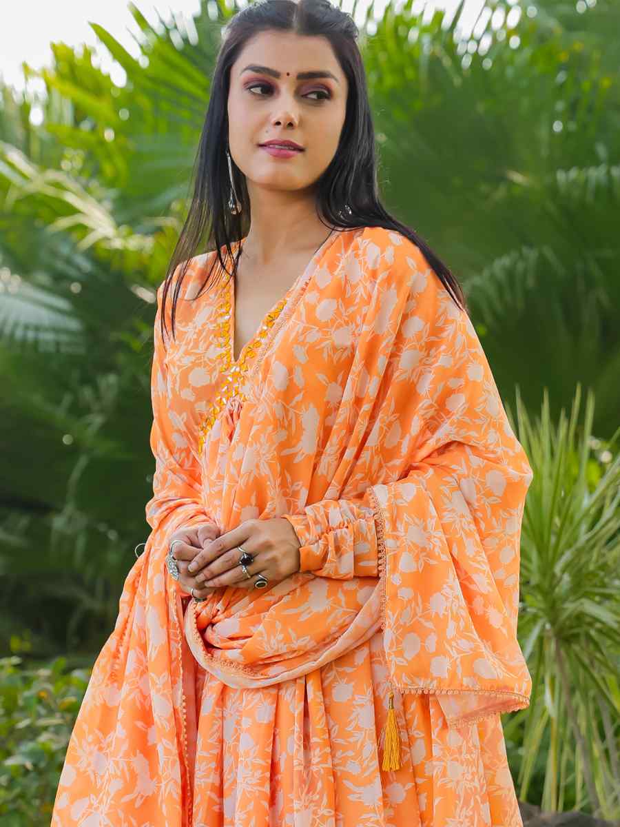 Orange Georgette Printed Festival Casual Gown