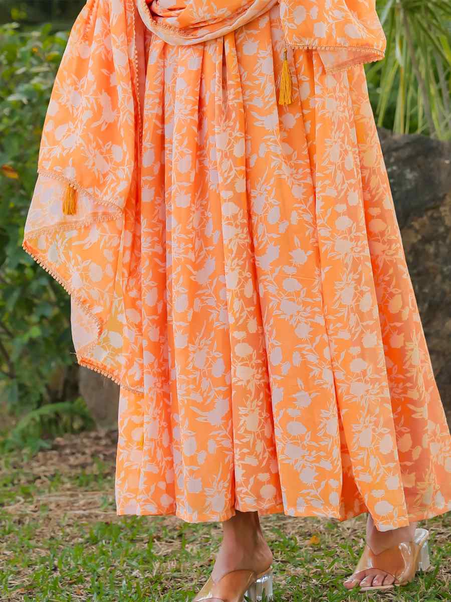 Orange Georgette Printed Festival Casual Gown