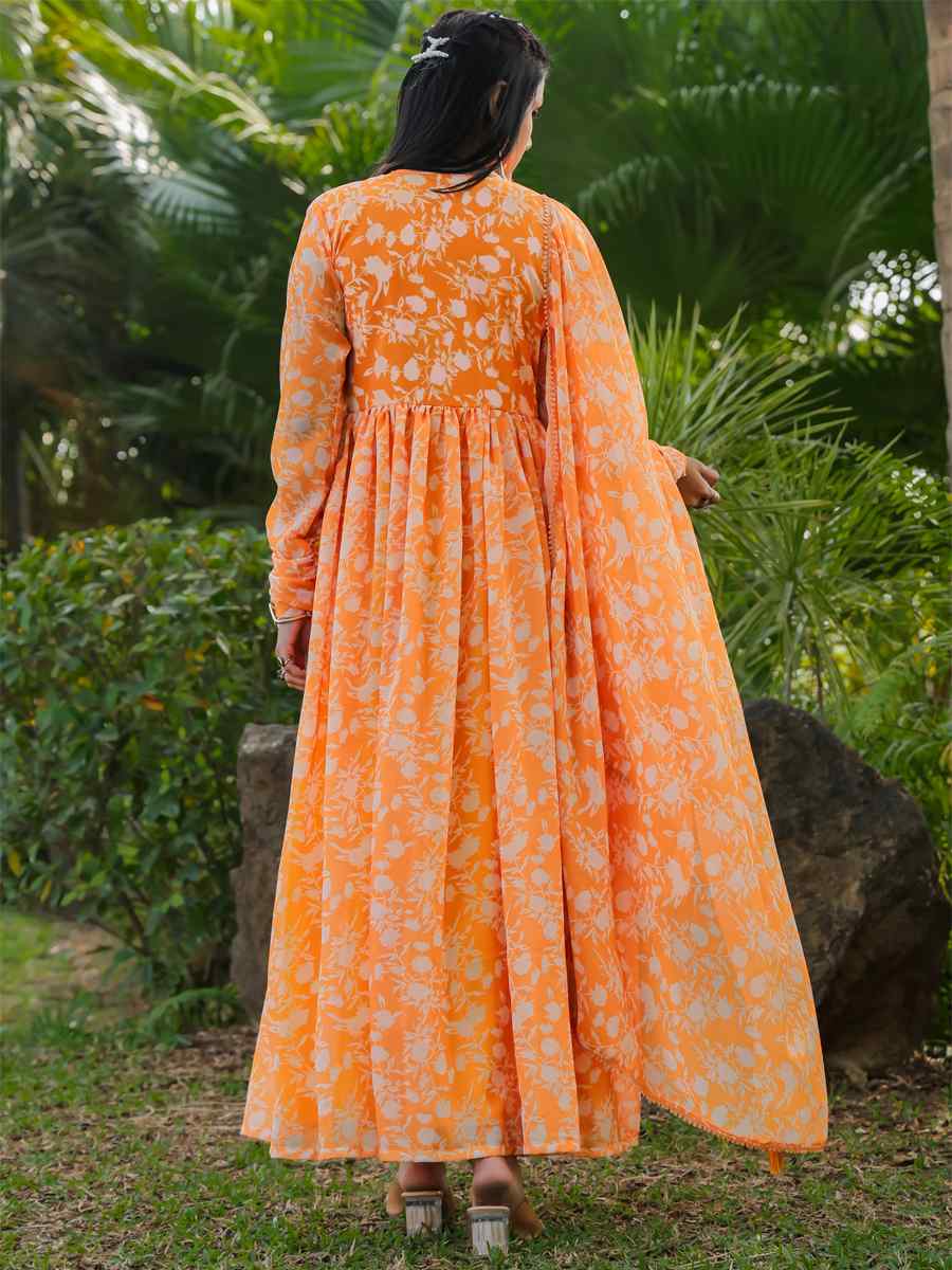 Orange Georgette Printed Festival Casual Gown