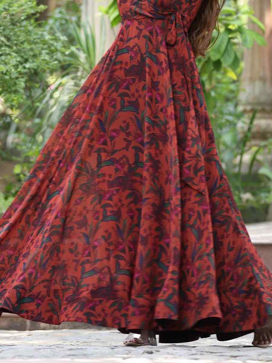 Orange Georgette Printed Festival Party Gown