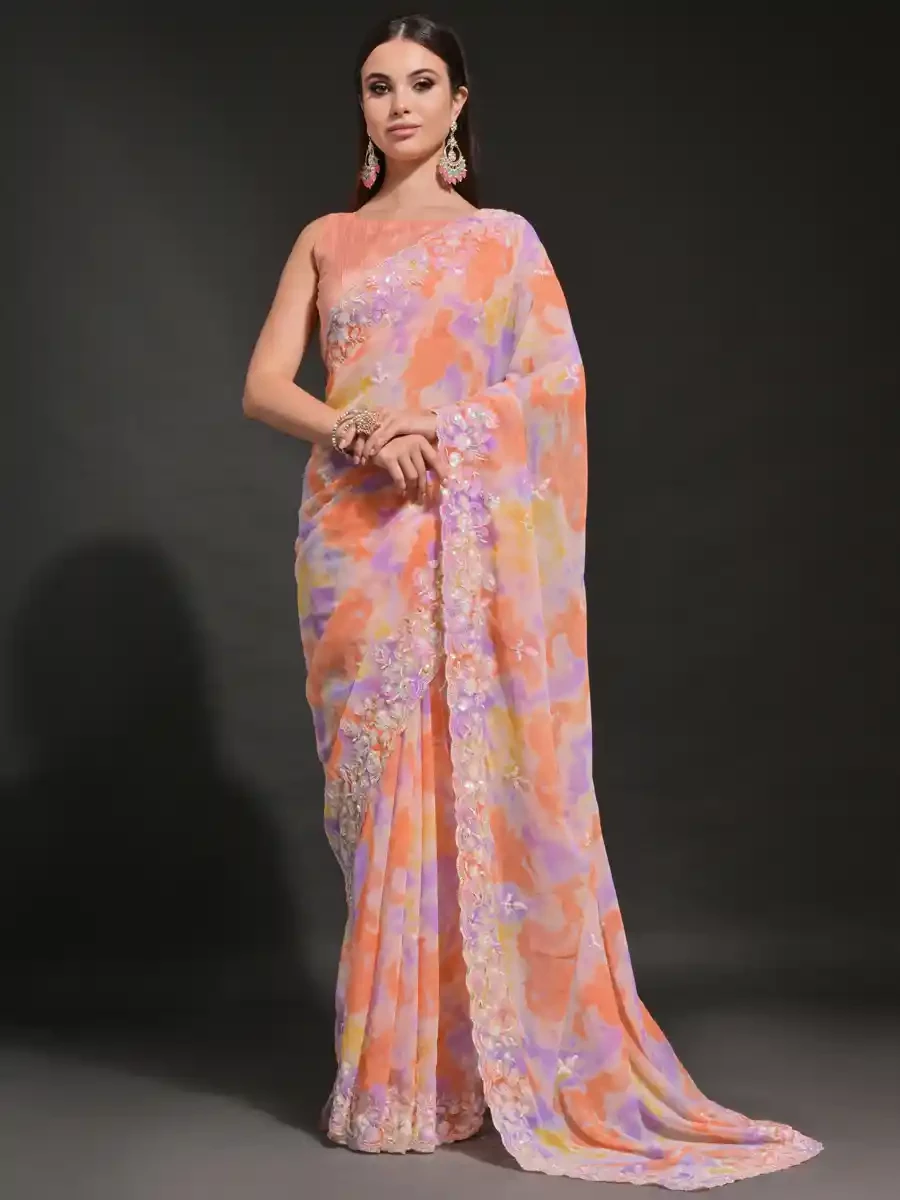 Orange Georgette Sequins Cocktail Party Classic Style Saree