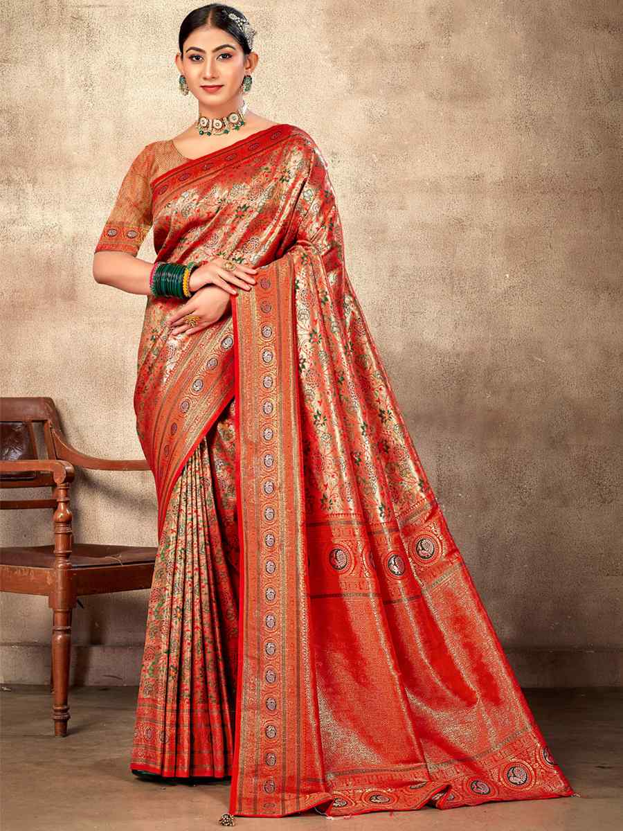 Orange Gold Banarasi Silk Handwoven Wedding Festival Heavy Border Saree