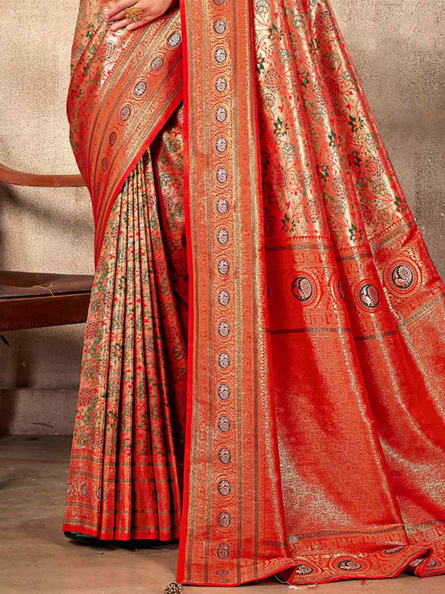 Orange Gold Banarasi Silk Handwoven Wedding Festival Heavy Border Saree