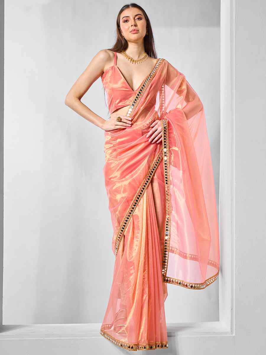 Orange Gold Tissue Net Handwoven Festival Wedding Heavy Border Saree