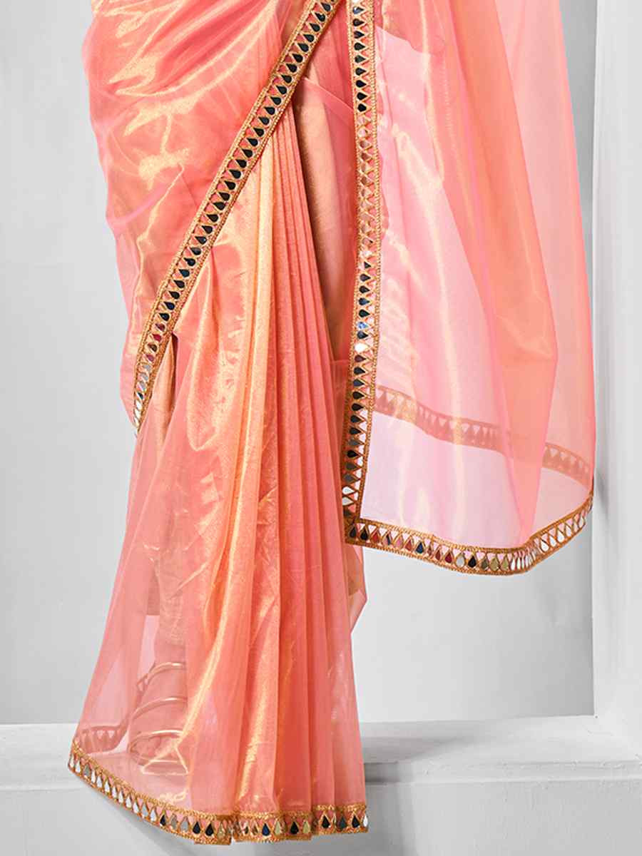 Orange Gold Tissue Net Handwoven Festival Wedding Heavy Border Saree