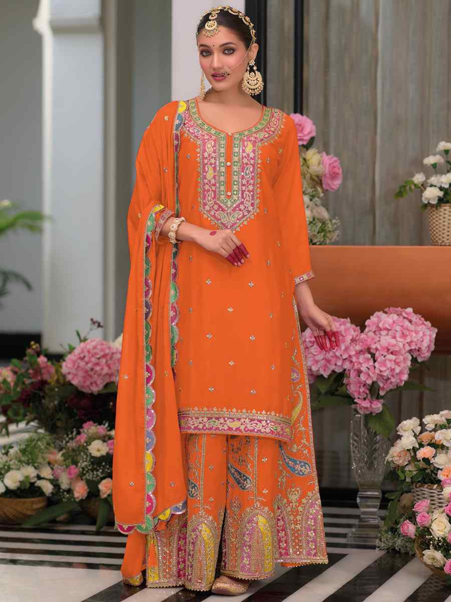 Orange Heavy Chinon Embroidered Festival Wedding Palazzo Pant Salwar Kameez