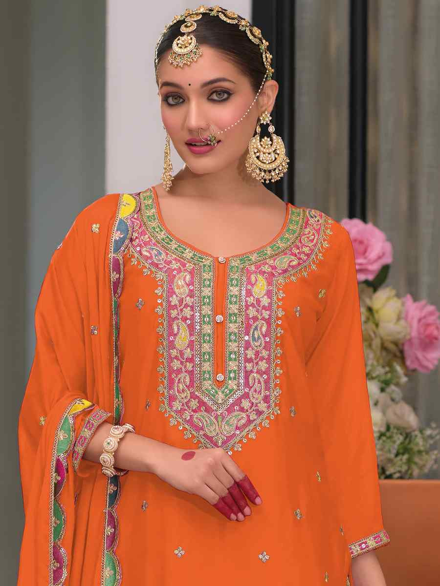 Orange Heavy Chinon Embroidered Festival Wedding Palazzo Pant Salwar Kameez