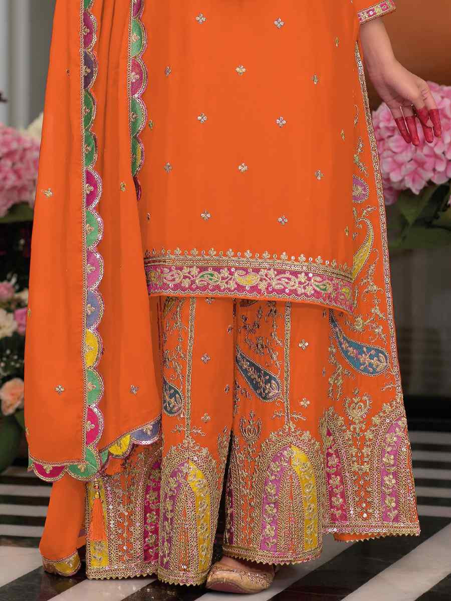 Orange Heavy Chinon Embroidered Festival Wedding Palazzo Pant Salwar Kameez