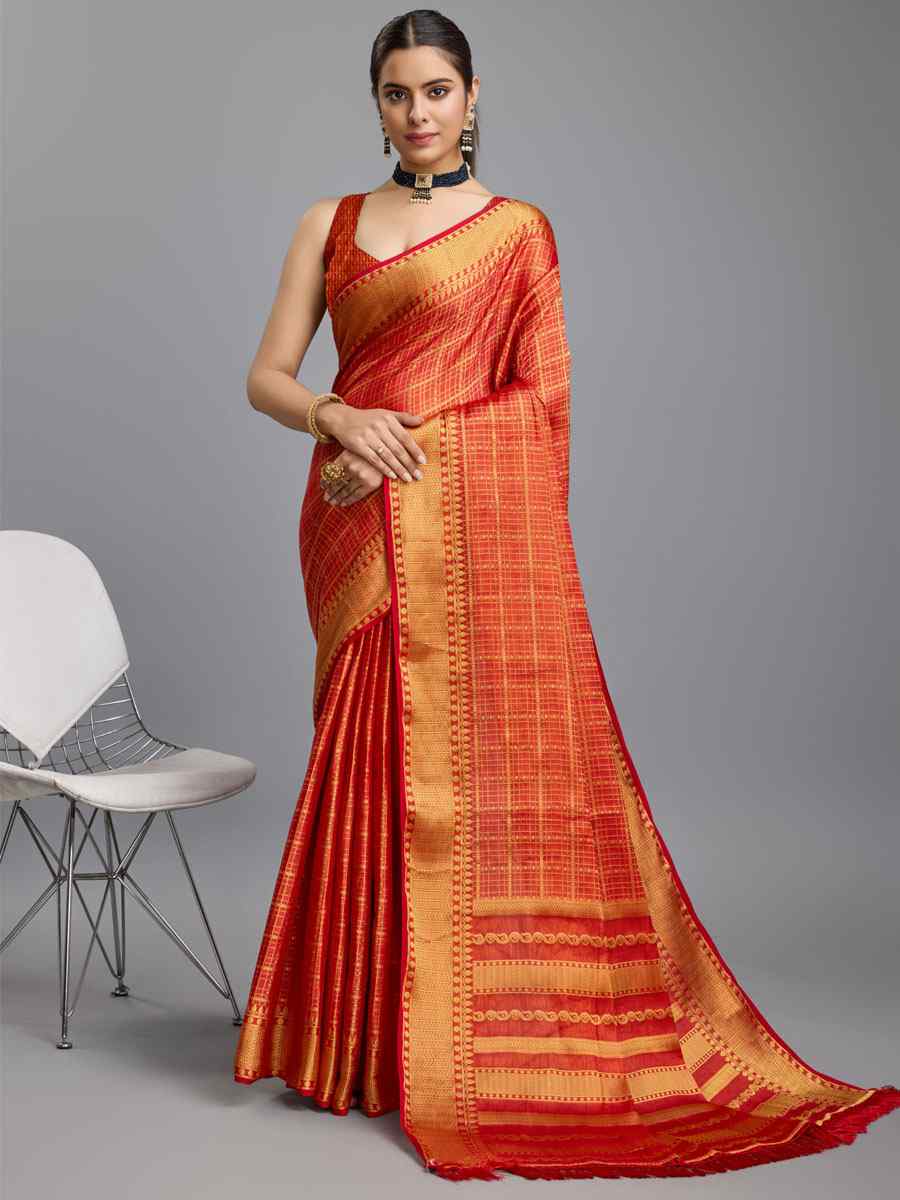 Orange Mysore Brocade Handwoven Festival Wedding Heavy Border Saree