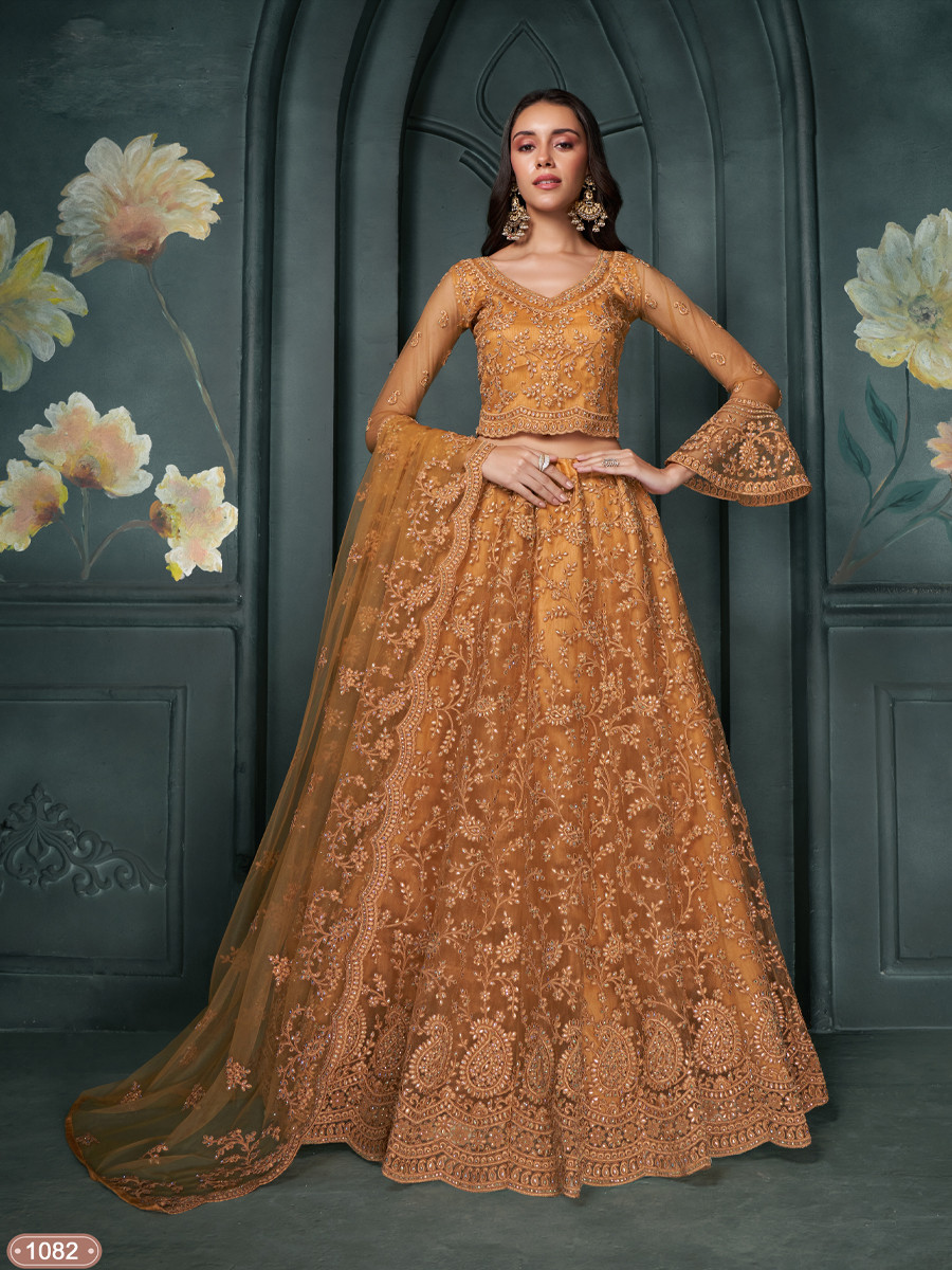 Orange Net Embroidered Bridesmaid Wedding Heavy Border Lehenga Choli