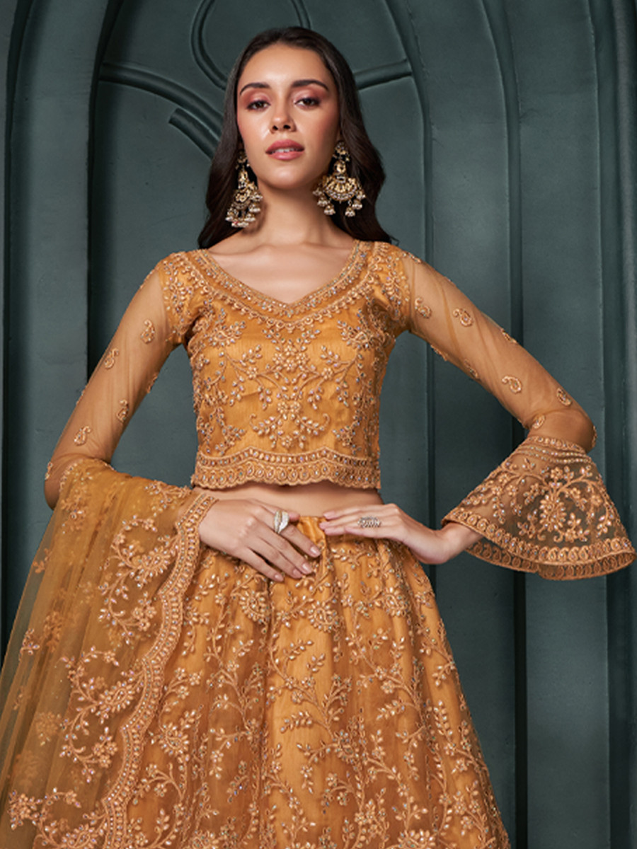 Orange Net Embroidered Bridesmaid Wedding Heavy Border Lehenga Choli