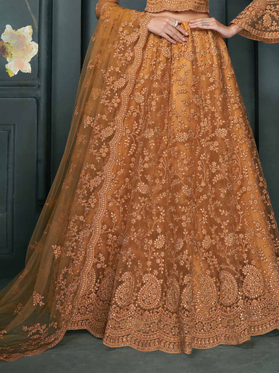 Orange Net Embroidered Bridesmaid Wedding Heavy Border Lehenga Choli