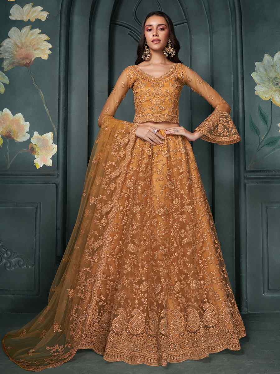 Orange Net Embroidered Wedding Festival Heavy Border Lehenga Choli