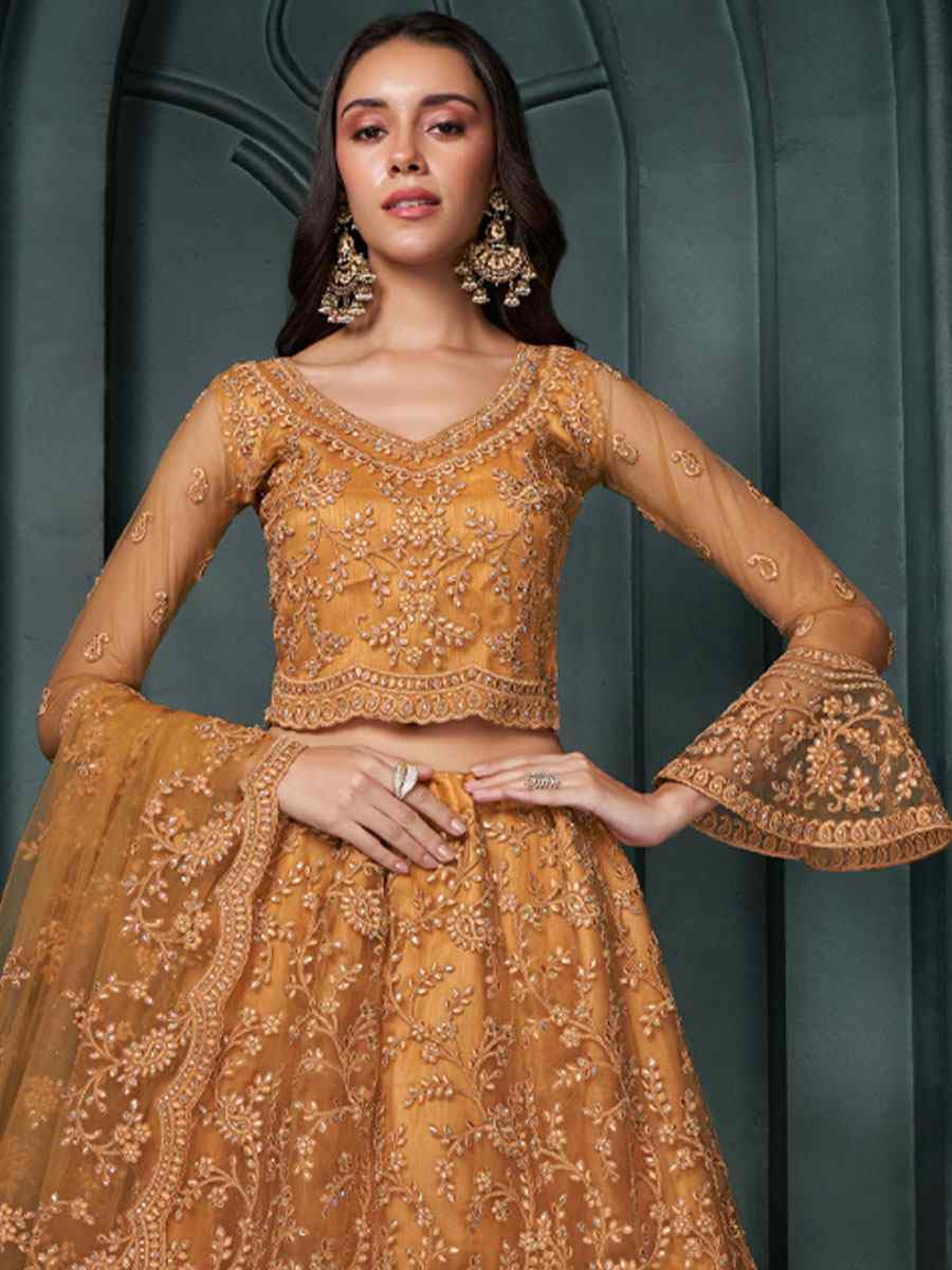 Orange Net Embroidered Wedding Festival Heavy Border Lehenga Choli