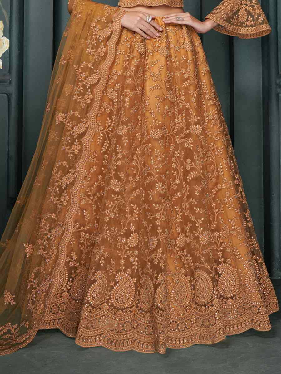 Orange Net Embroidered Wedding Festival Heavy Border Lehenga Choli