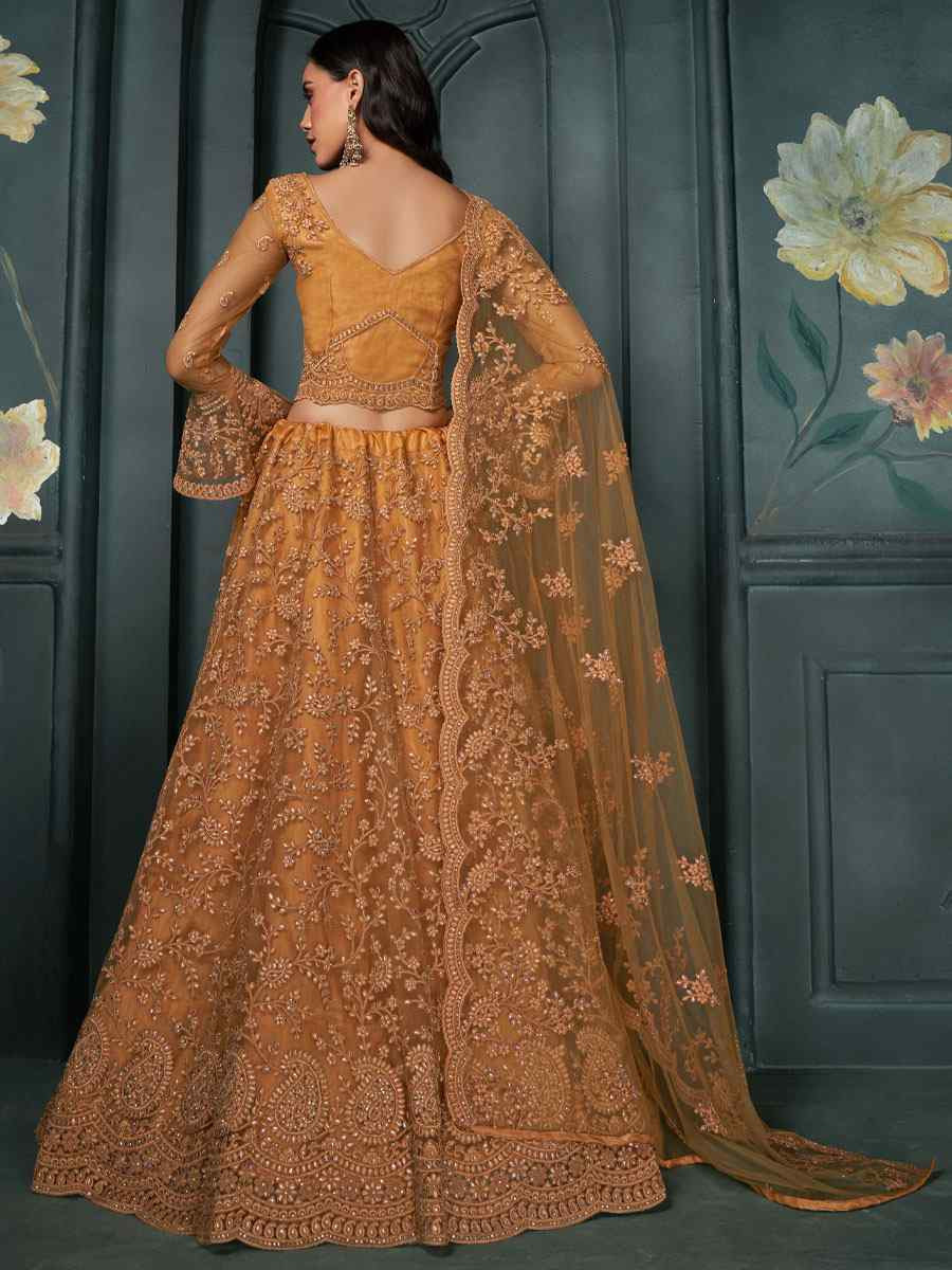 Orange Net Embroidered Wedding Festival Heavy Border Lehenga Choli