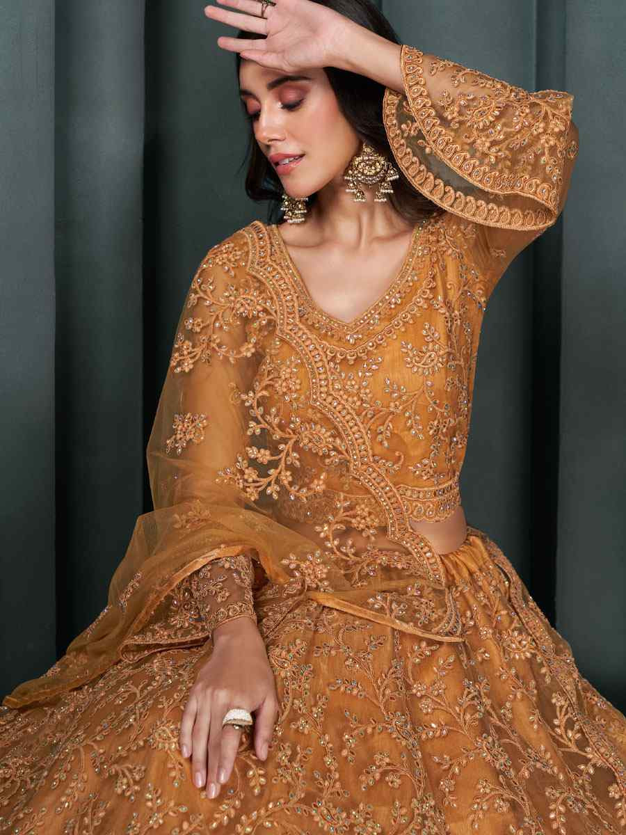 Orange Net Embroidered Wedding Festival Heavy Border Lehenga Choli