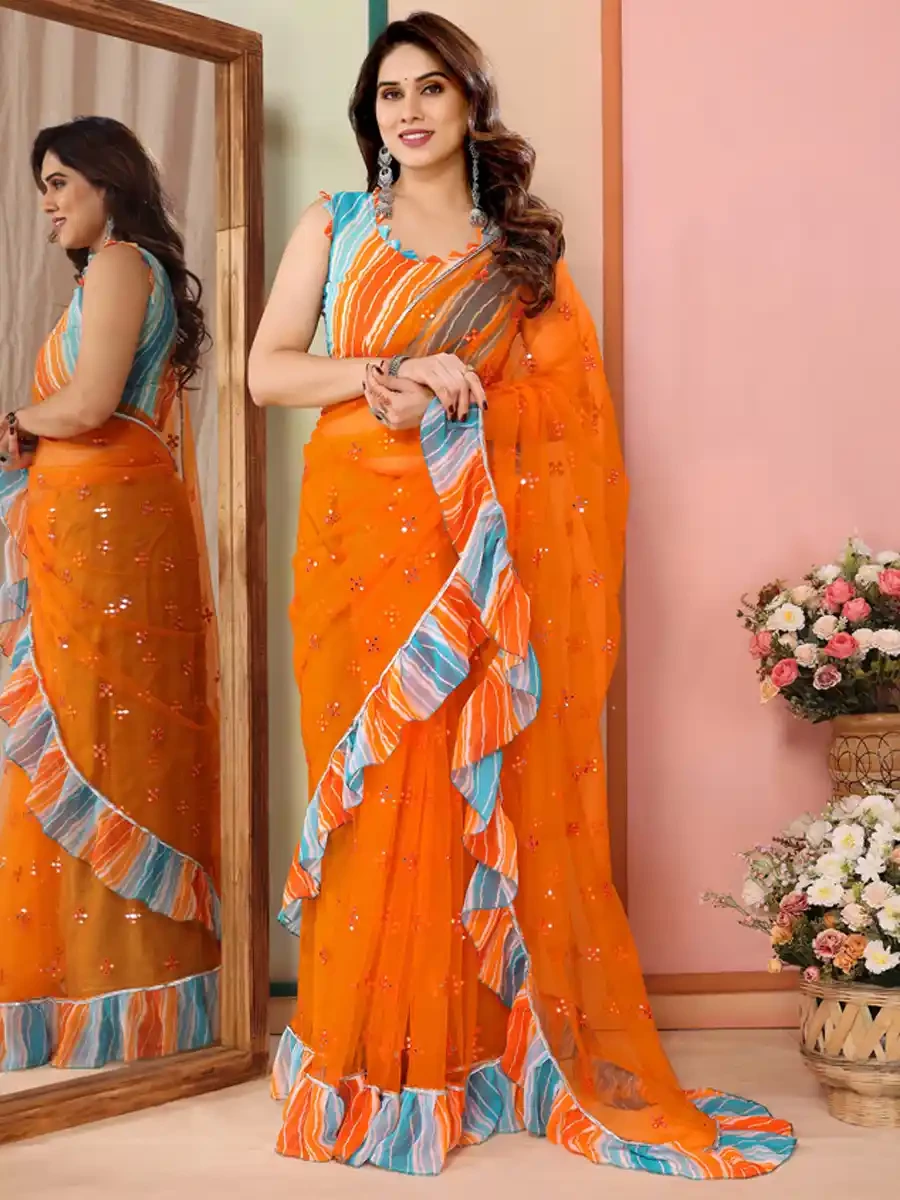 Orange Net Printed Festival Party Contemporary Saree