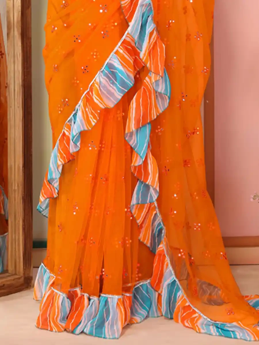 Orange Net Printed Festival Party Contemporary Saree