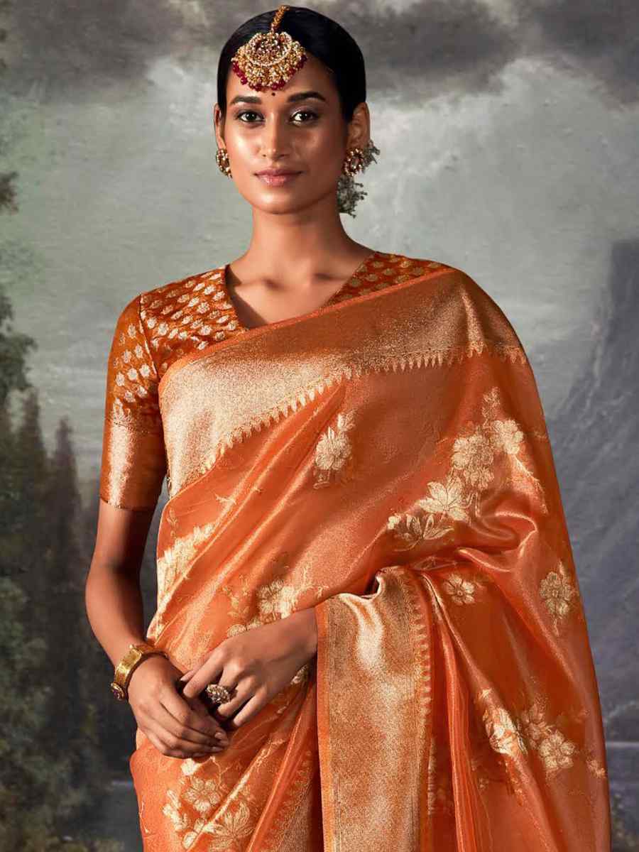 Orange Organza Handwoven Festival Wedding Heavy Border Saree