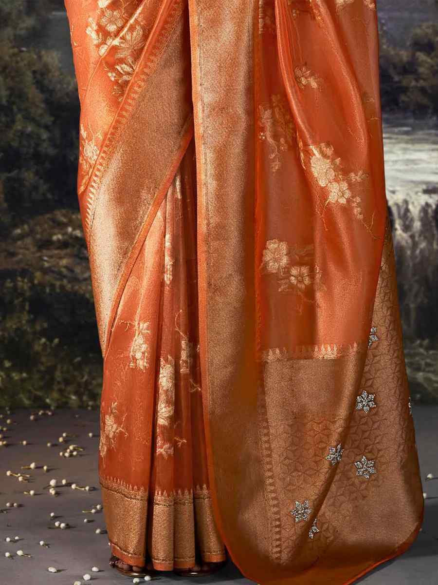 Orange Organza Handwoven Festival Wedding Heavy Border Saree