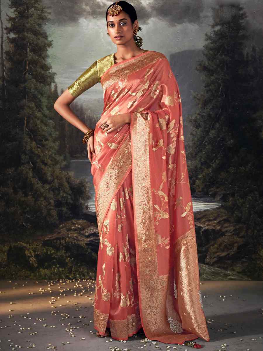 Orange Organza Handwoven Festival Wedding Heavy Border Saree