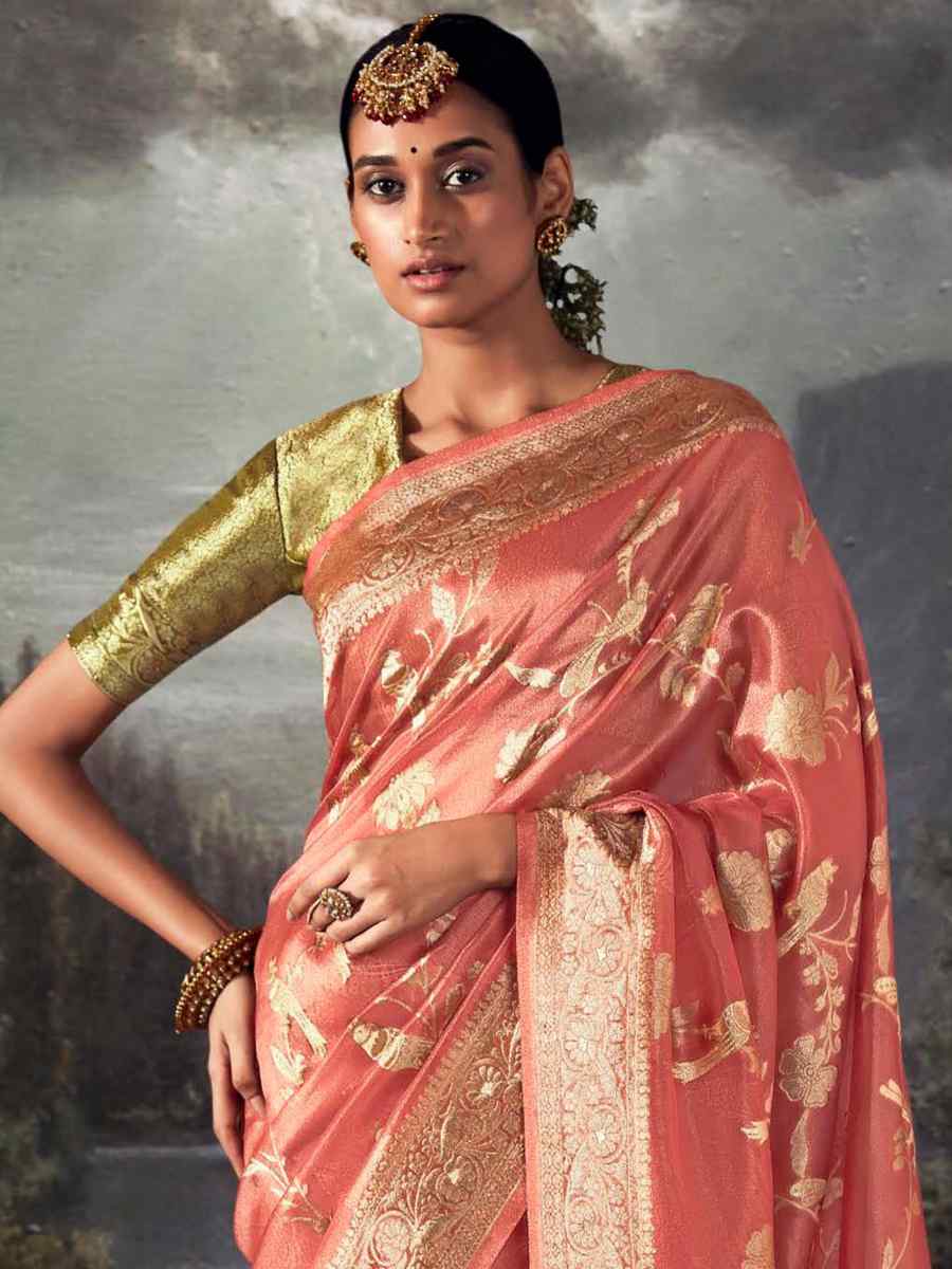 Orange Organza Handwoven Festival Wedding Heavy Border Saree