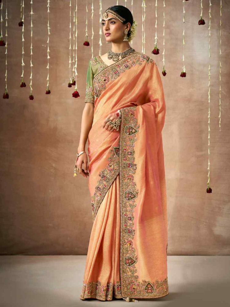 Orange Organza Silk Embroidered Reception Wedding Heavy Border Saree