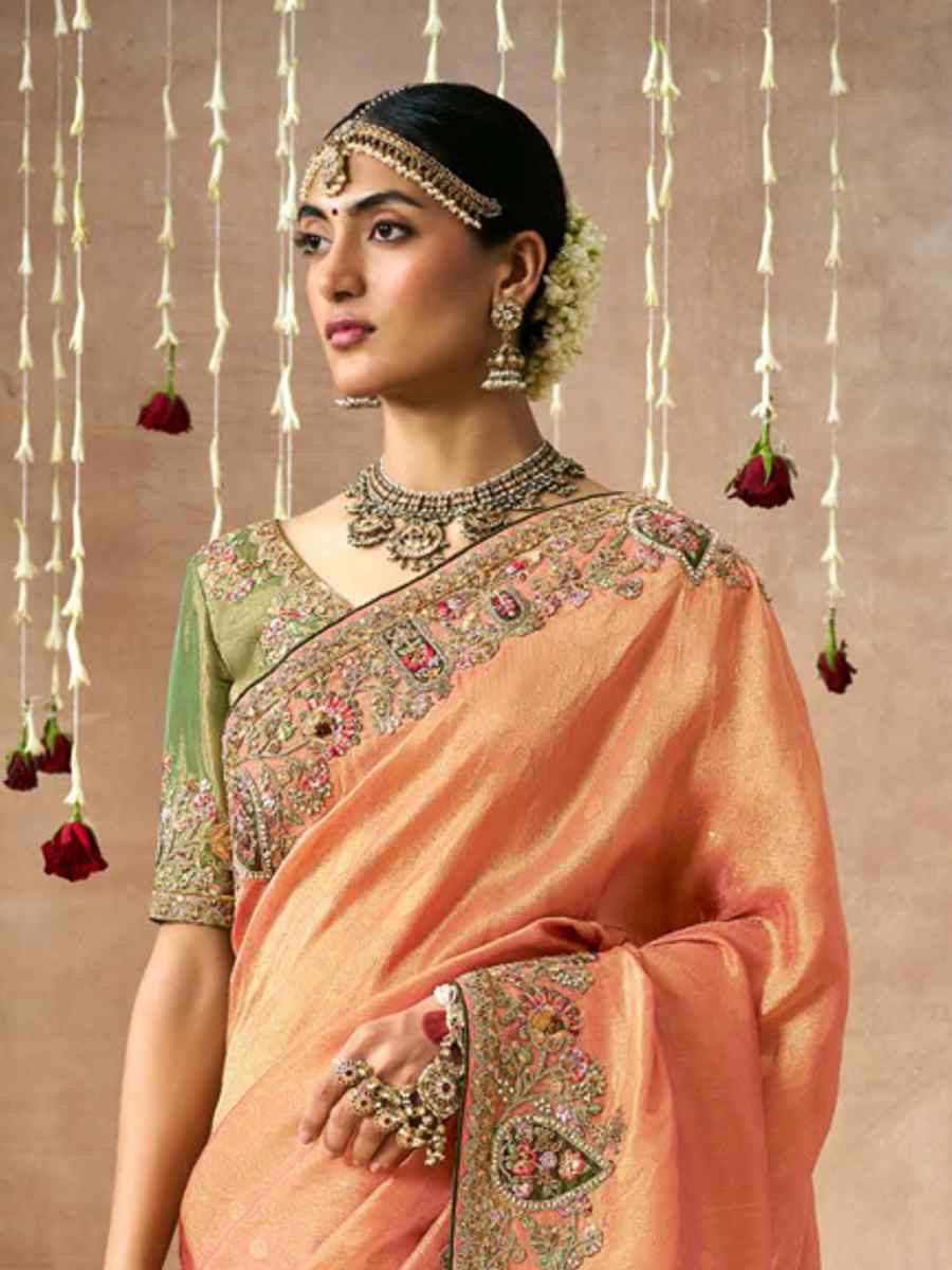 Orange Organza Silk Embroidered Reception Wedding Heavy Border Saree