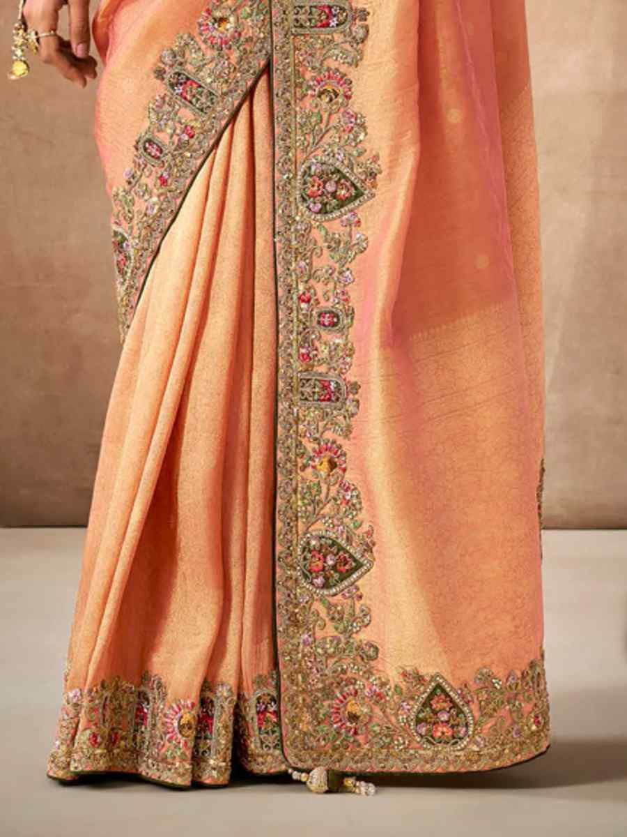 Orange Organza Silk Embroidered Reception Wedding Heavy Border Saree