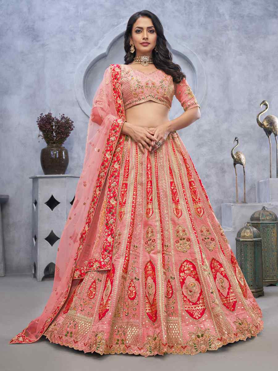 Orange Organza Silk Embroidered Wedding Festival Heavy Border Lehenga Choli