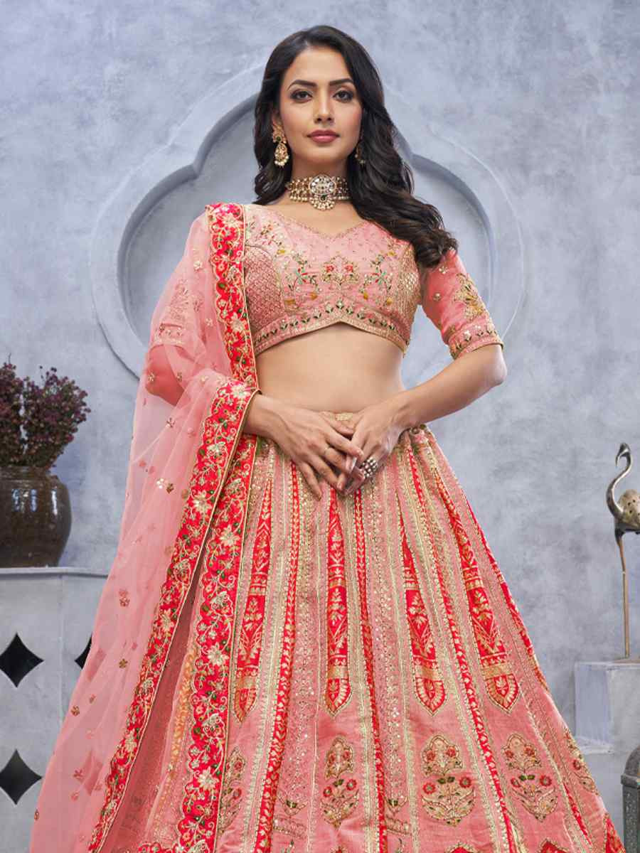 Orange Organza Silk Embroidered Wedding Festival Heavy Border Lehenga Choli