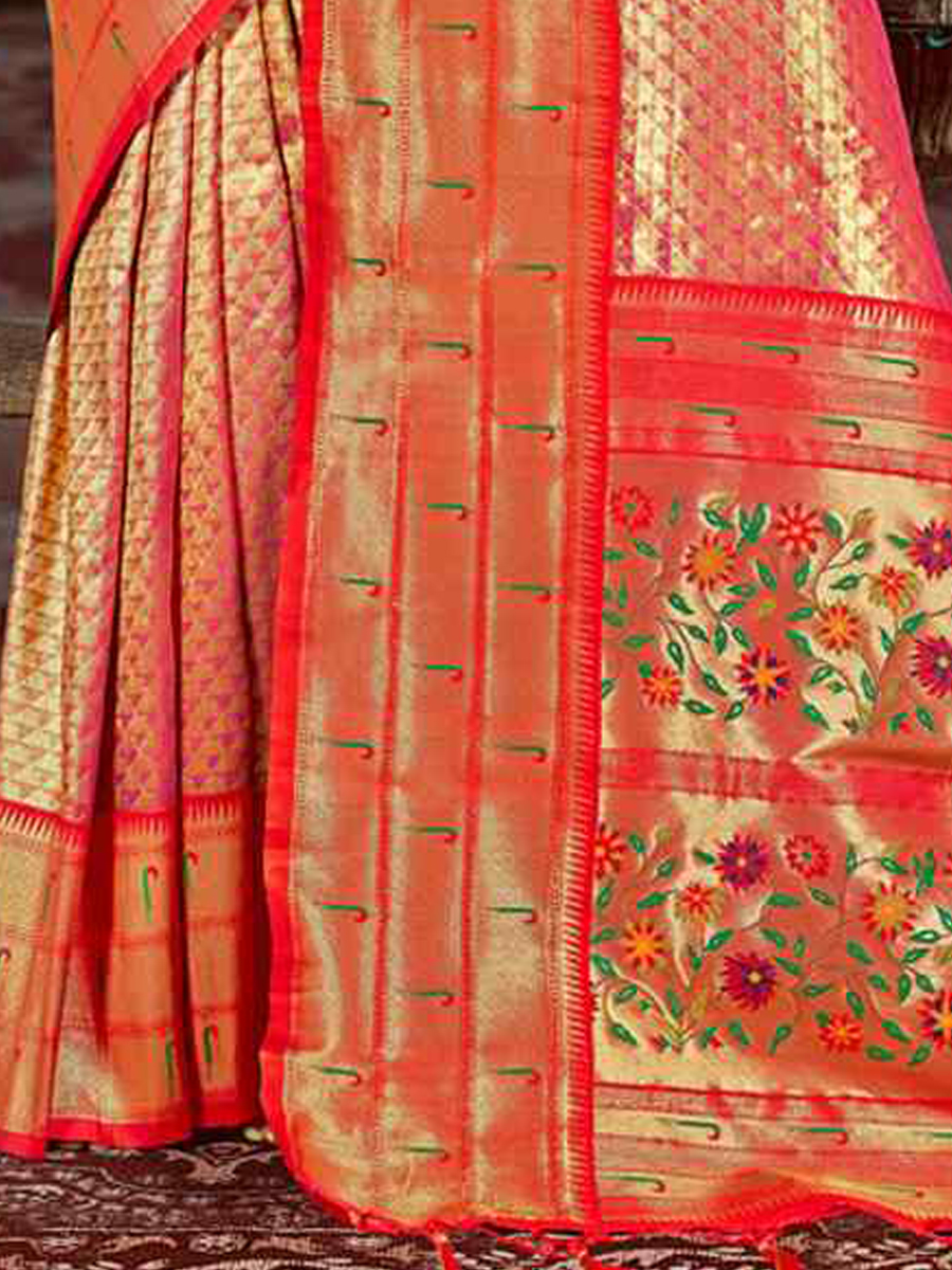 Orange Paithani Silk Handwoven Wedding Festival Heavy Border Saree