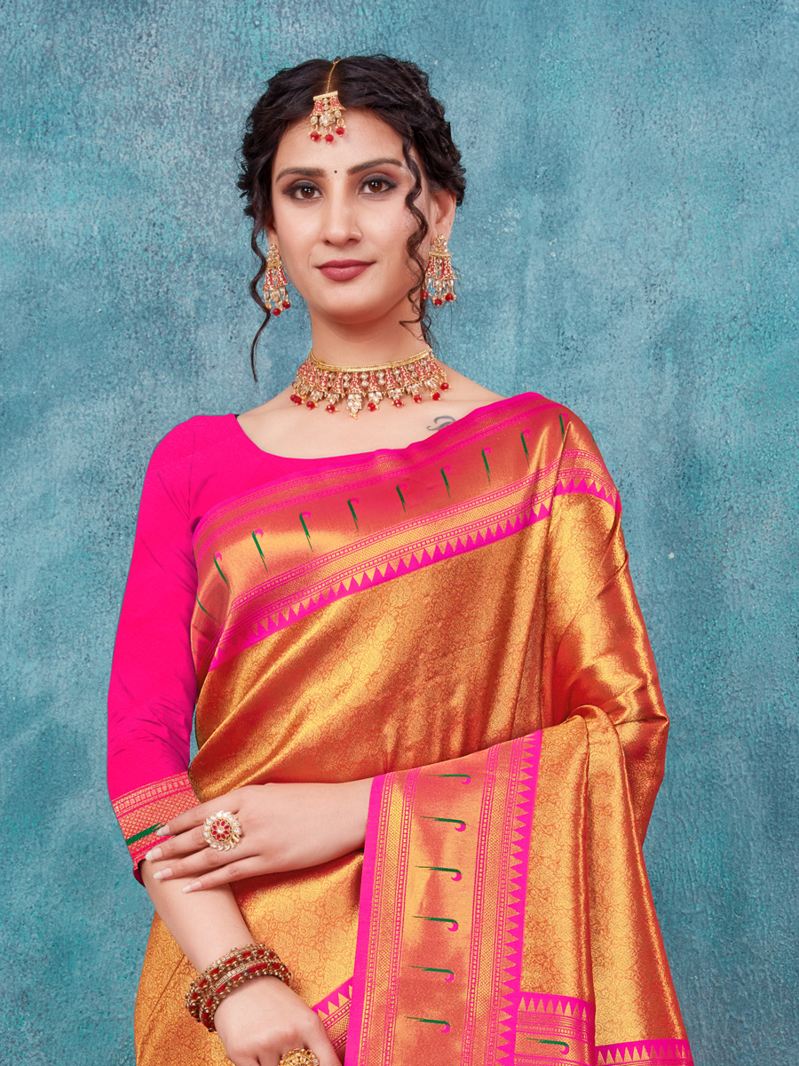 Orange Paithani Silk Handwoven Wedding Festival Heavy Border Saree