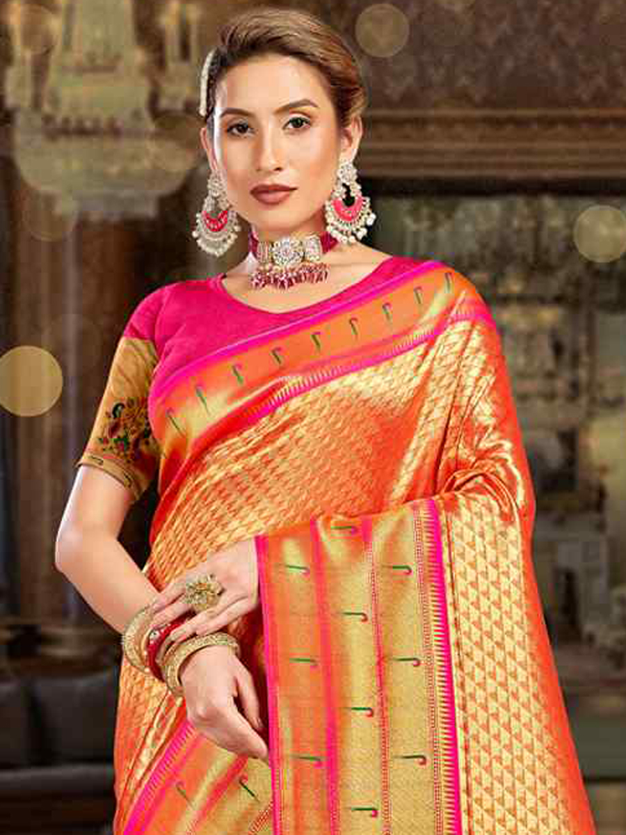 Orange Paithani Silk Handwoven Wedding Festival Heavy Border Saree