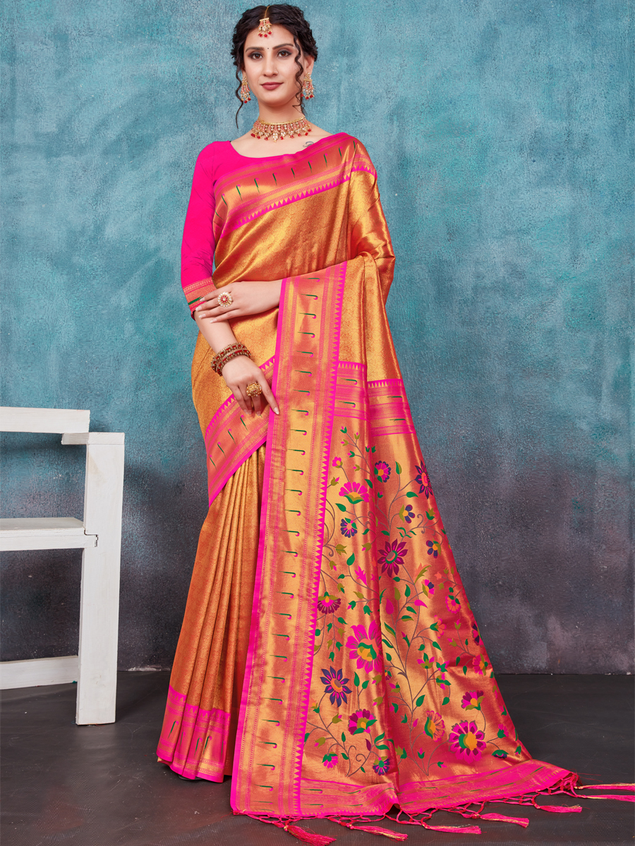 Orange Paithani Silk Handwoven Wedding Festival Heavy Border Saree