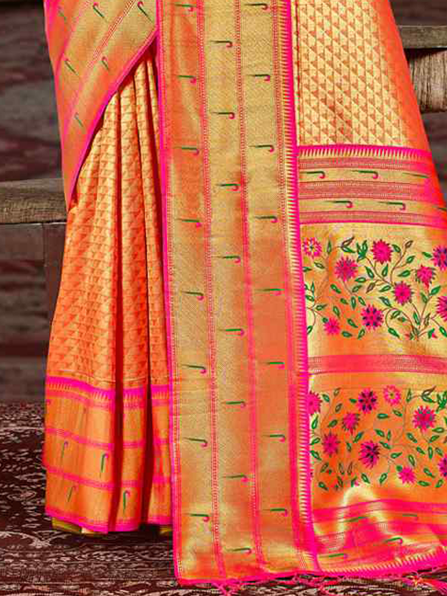 Orange Paithani Silk Handwoven Wedding Festival Heavy Border Saree