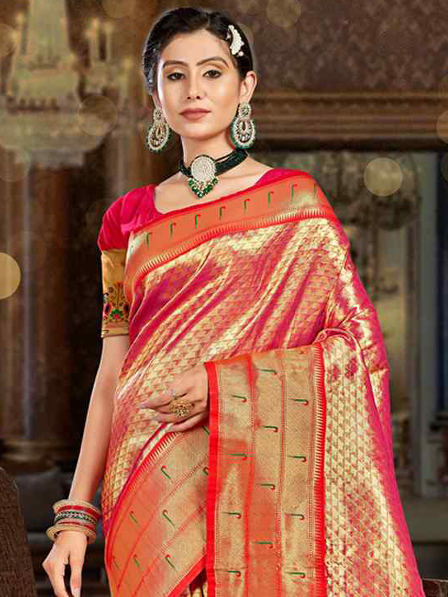 Orange Paithani Silk Handwoven Wedding Festival Heavy Border Saree