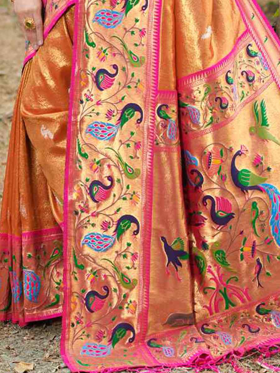 Orange Paithani Silk Handwoven Wedding Festival Heavy Border Saree