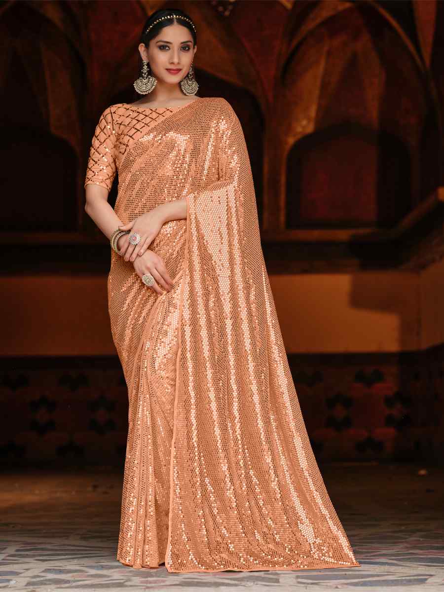 Orange Peach Georgette Sequins Cocktail Party Classic Style Saree