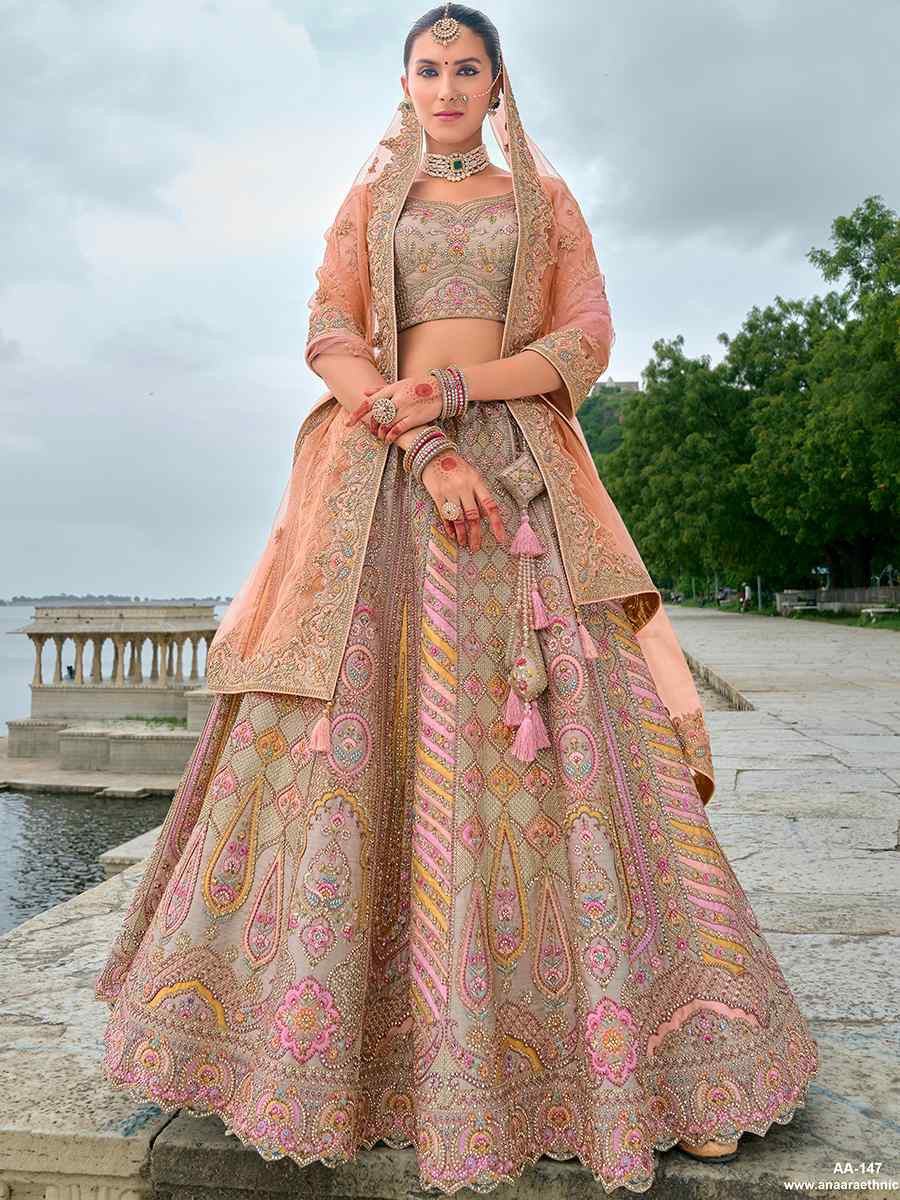 Orange Peach Silk Embroidered Wedding Bridal Heavy Border Lehenga Choli