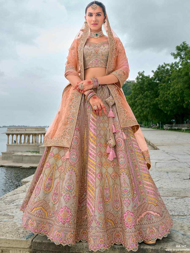 Orange Peach Silk Embroidered Wedding Bridal Heavy Border Lehenga Choli