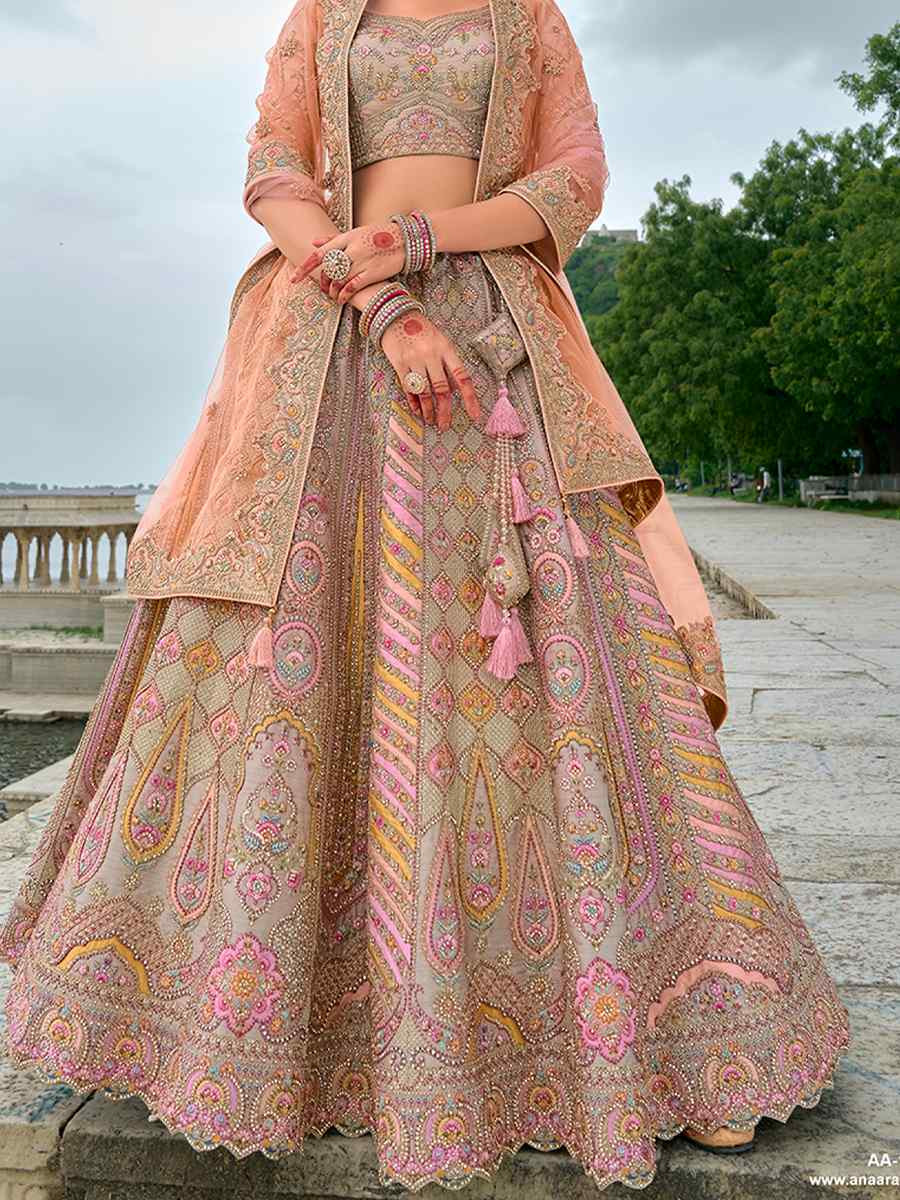 Orange Peach Silk Embroidered Wedding Bridal Heavy Border Lehenga Choli