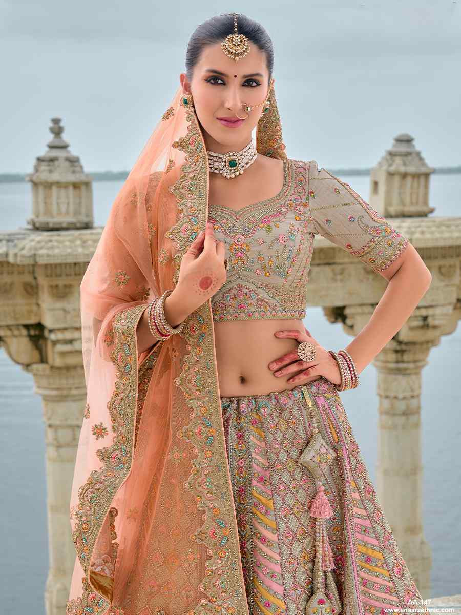 Orange Peach Silk Embroidered Wedding Bridal Heavy Border Lehenga Choli