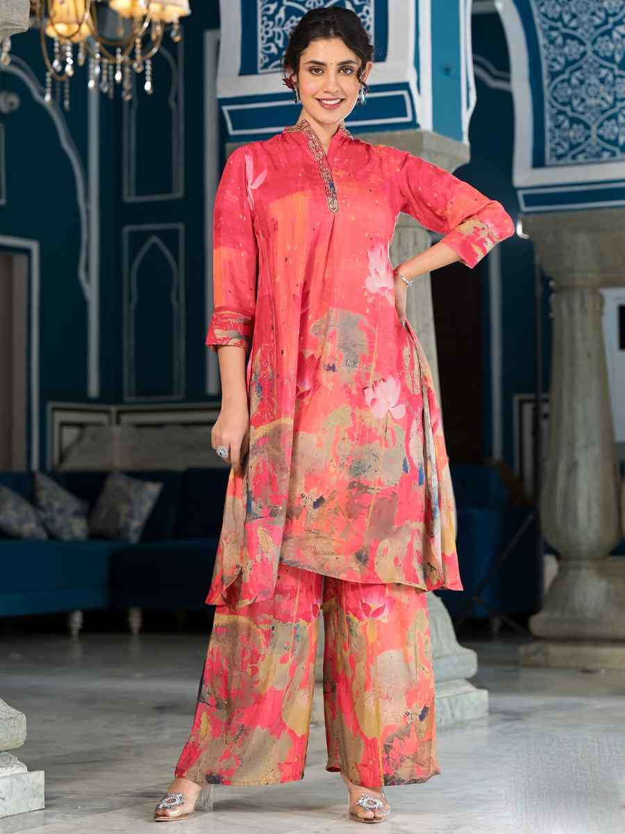 Orange Pure Muslin Printed Festival Casual Ready Pant Salwar Kameez