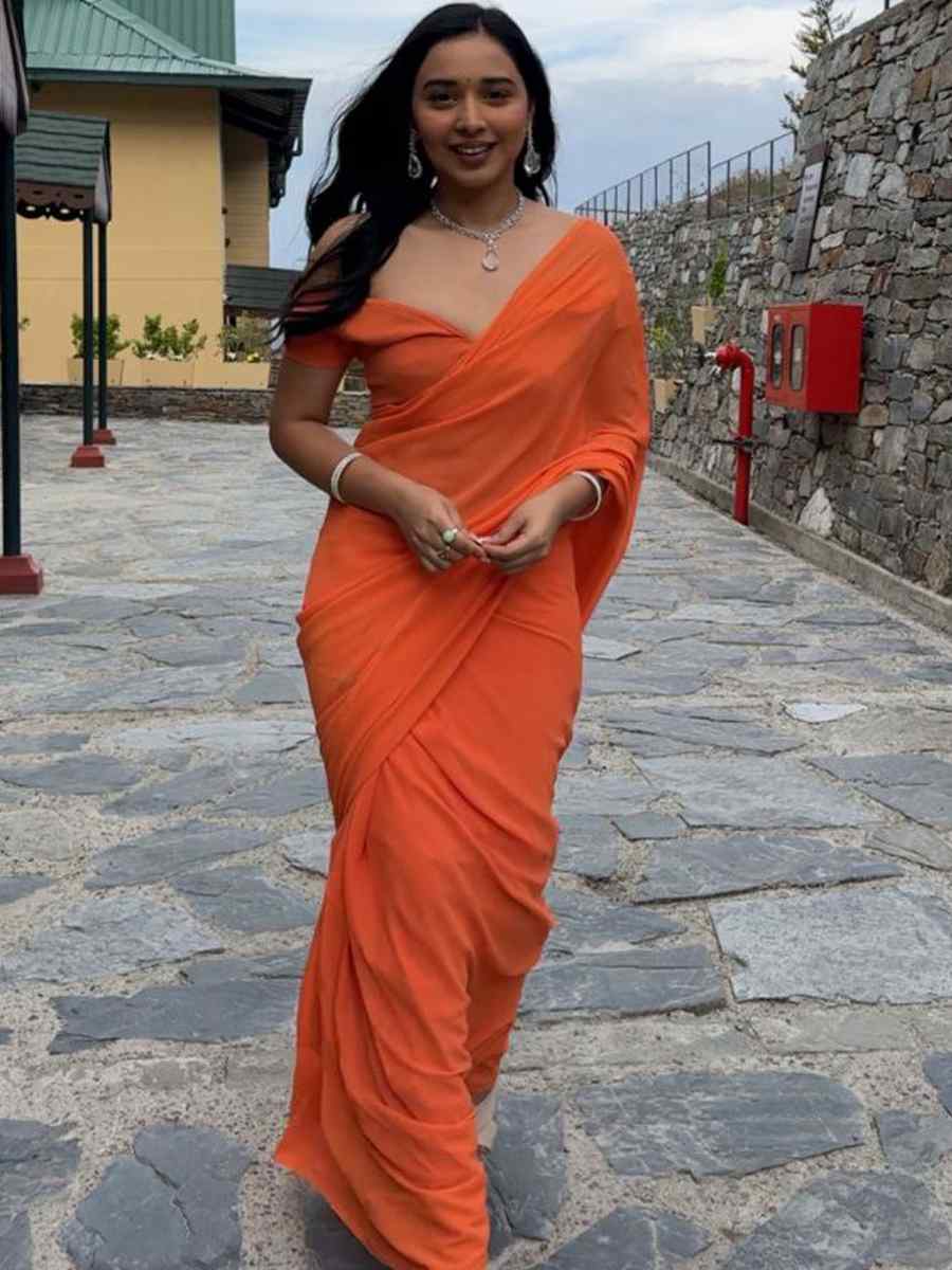 Orange Pure Soft Georgette Silk Plain Festival Casual Contemporary Saree